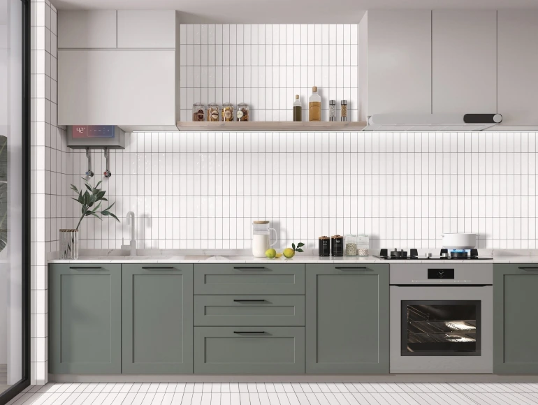 White brick-style kitchen backsplash design enhancing modern aesthetics with green cabinets and sleek interiors.